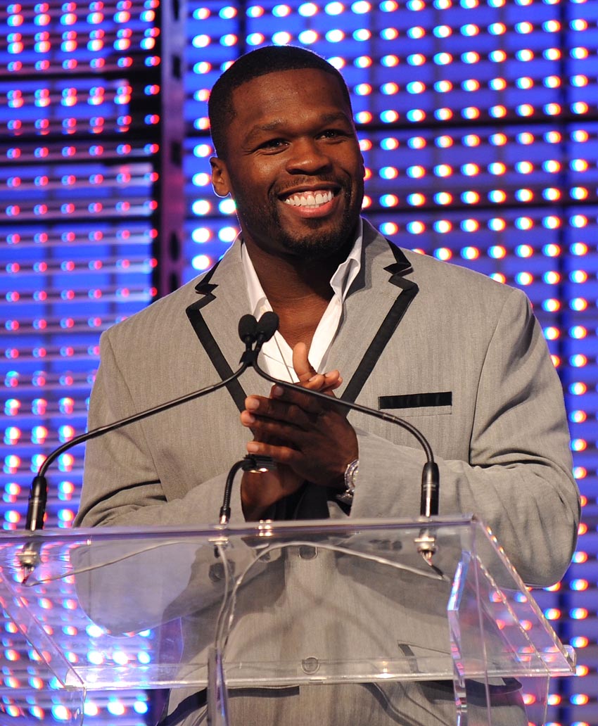 50 Cent speaks onstage at the launch of VEVO